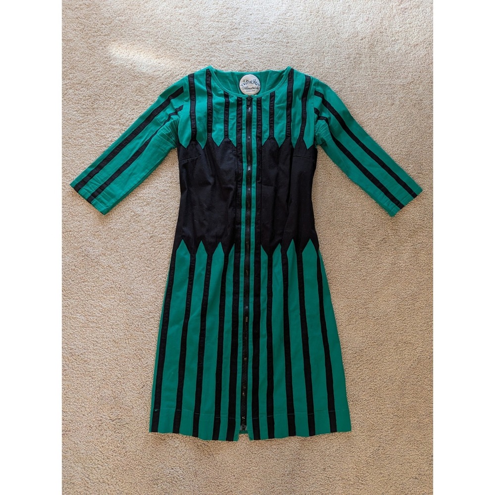 Almatrichi Green Black Striped Sheath Dress Full Zip Geometric‎ Midi